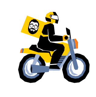 Desenho de um entregador em uma moto amarela usando uma mochila